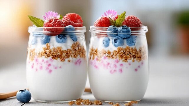 Yogurt Parfaits: Two exquisite yogurt parfaits, meticulously layered with fresh berries and crunchy granola, showcasing a harmonious blend of textures and colors.