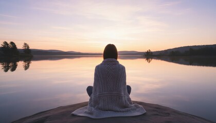 Woman meditating peacefully by a calm lake during a beautiful sunset