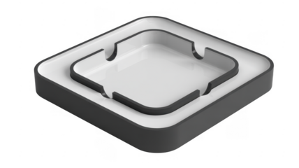 White plastic ashtray with black trim and recessed area isolated on a transparent background