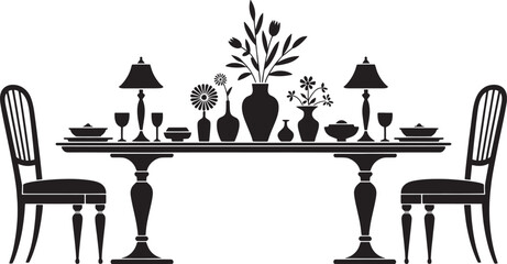 Elegant Black and White Illustration of a Dining Table Set with Flower Vases, Glassware, Plates, and Lamps, Perfect for Vintage Home Decor, Table Setting, and Interior Design Projects.