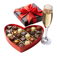 Champagne glass heart chocolates box gift present wrapped red ribbon transparent