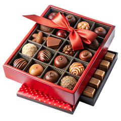 Red box assorted chocolates red ribbon gift present transparent background Isolated