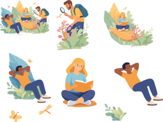A flat vector illustration set depicting people relaxing, reading, and exploring nature among oversized leaves and plants in a calm, friendly outdoor scene.