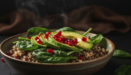 A vibrant healthy bowl featuring avocado pomegranate seeds spinach and quinoa