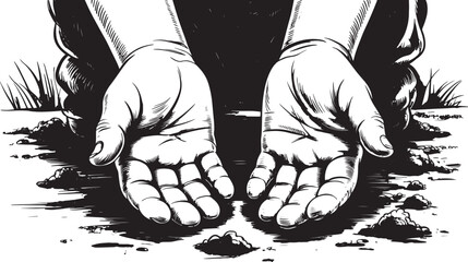Black and White Illustration of Two Open Hands Reaching Out from the Ground Symbolizing Desperation, Hope, and Humanitarian Needs in a Social and Environmental Context.