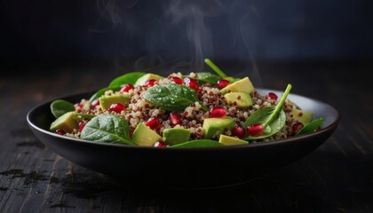 A vibrant quinoa salad with avocado spinach and pomegranate seeds served warm