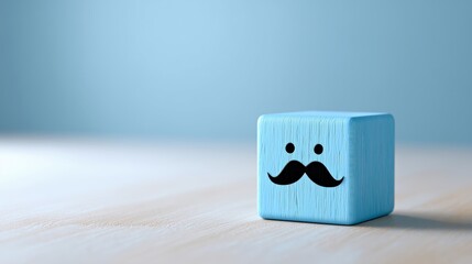A blue wooden cube with a face and mustache depicted on it, placed on a light wooden surface, in support of the fight against prostate cancer during November.