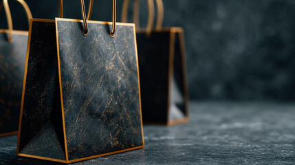 Luxury Black and Gold Shopping Bags on Dark Textured Background