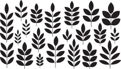 Abstract Black Leaves Pattern with Various Leaf Shapes and Sizes, Simple Geometric Design for Modern, Nature-Inspired Art, and Textile Use.