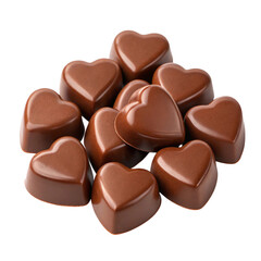 pile of smooth milk chocolate heart shaped candies on transparent background