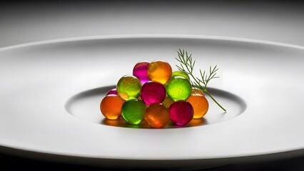 Culinary Art: An artistic arrangement of vibrant, transparent spheres on a pristine white plate, a fine dining presentation of exquisite delicacy.