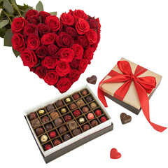 Heart shaped rose bouquet and chocolate gift box for valentine&rsquo;s day celebration