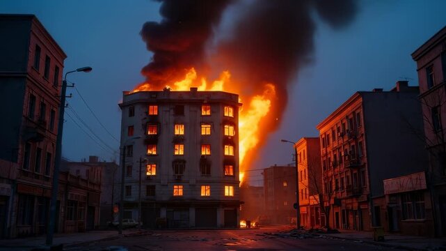 Fire breaks out in building on city street at night with heavy smoke rising into the sky