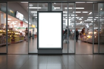 Illuminated blank poster mockup at supermarket entrance