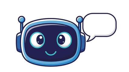 Obraz premium Cute blue robot chatbot icon with speech bubble. Flat vector illustration of AI assistant character and communication symbol isolated on white background