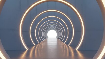 Exploration of a long light tunnel with glowing circles in an indoor setting at mid-day