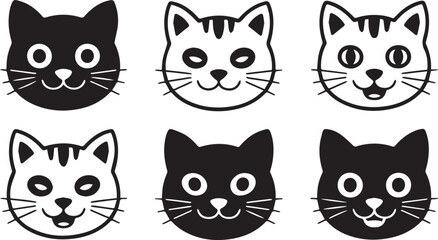 Fototapeta premium Cat icons collection. Kittens emoji symbols set. Black and white simple outline cats head emoticon pictures. Vector isolated.
