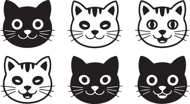 Cat icons collection. Kittens emoji symbols set. Black and white simple outline cats head emoticon pictures. Vector isolated.