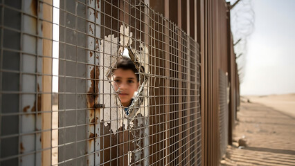 A young child's hopeful gaze through a damaged metal border fence in an arid landscape