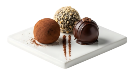 A delightful assortment of chocolate truffles presented on a white square plate