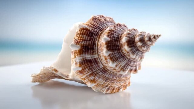 Seashell's Delicate Form: A close-up view of a pristine seashell, showcasing its intricate patterns and graceful spiral, placed against a soft, blurred backdrop of the sea and sky.