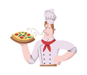 Happy chef baker serving pizza