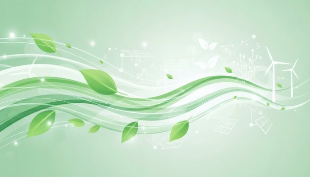Green energy concept with leaves wind turbines and flowing wave design