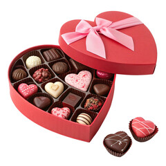Assorted heart shaped chocolates in a red box with pink bow and heart candies