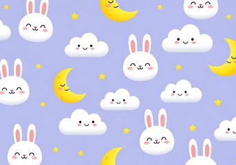 Whimsical Seamless Pattern Featuring Cute Cartoon Rabbits, Sleeping Moons, and Fluffy Clouds.