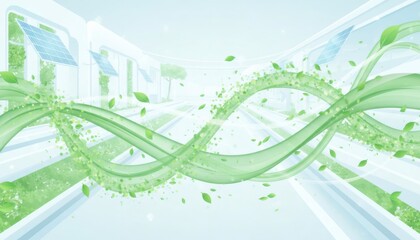 Abstract green swirls and foliage within a bright modern architectural space