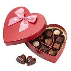 Pink heart-shaped box of assorted chocolates with a bow and two heart candies transparent background