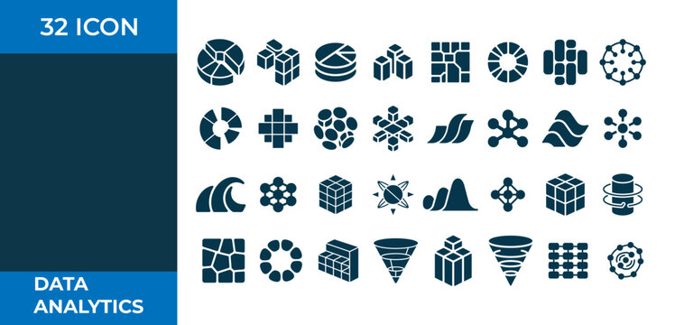 Collection of 32 dark blue data analytics on a white background with blue borders geometric shapes
