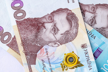 Ukrainian money, texture from Ukrainian banknotes in the denomination of one thousand hryvnias, the banknote depicts Vernadsky.Banknote of 1000 hryvnias of Ukraine, fragment of elements for design.
