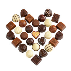 Heart shaped box filled with assorted chocolates and raspberries on transparent background