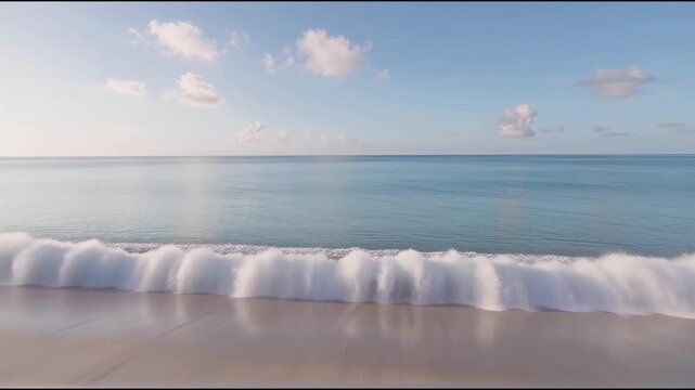 Calm ocean waves rolling onto sandy beach under partly cloudy sky