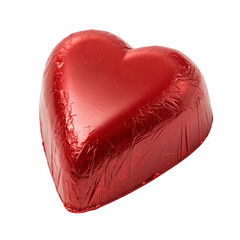 Heart-shaped chocolate wrapped in red foil from side on transparent checkered background