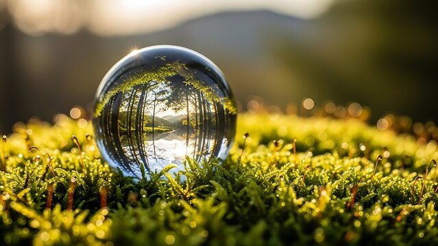 Crystal ball sitting on green moss with reflection of trees and mountains