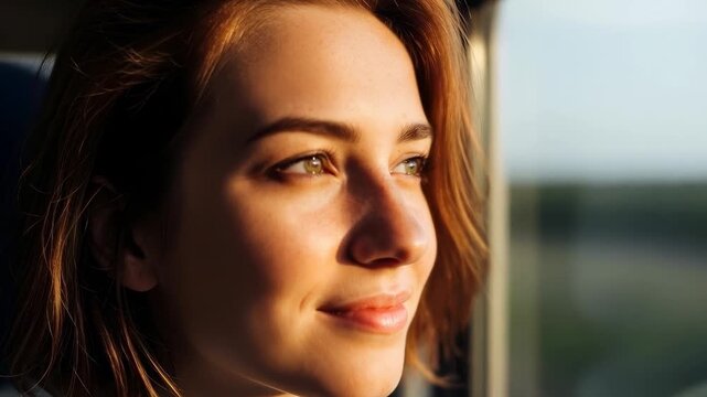 Young woman looks out of a train window while traveling through the countryside at sunset