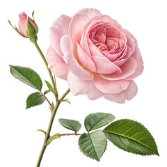 Pink rose flower with bud and green leaves isolated on transparent background