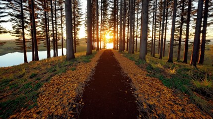Scenic forest path with sunlight shining through trees, creating calm, peaceful, and serene nature scene for outdoor relaxation and mindfulness