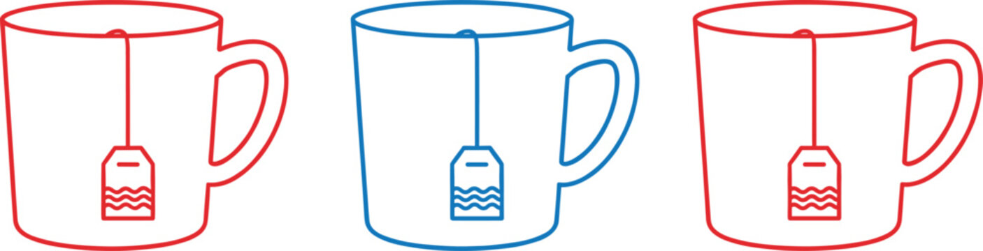 Tea cups line art set with hanging tea bag representing hot beverage cafe concept minimal outline vector illustration