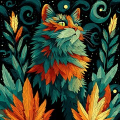 Stylized cat with green eyes surrounded by stylized leaves and swirling patterns Photo