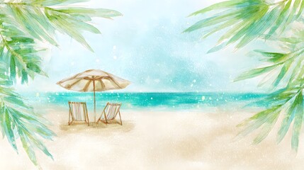 Serene tropical beach watercolor illustration evokes calm summer days and airy modern design concepts