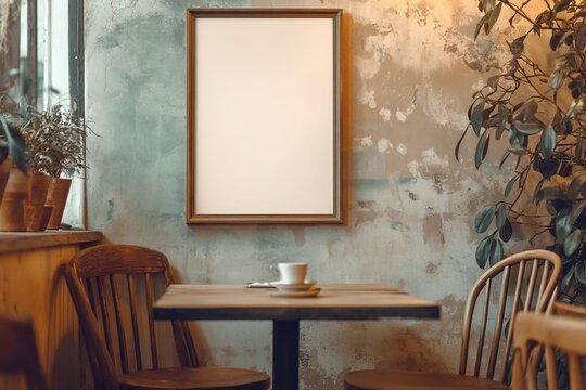 Vertical poster mockup on distressed painted wall in rustic cafe with plants