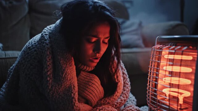 A cold woman wrapped in a blanket shivers in front of an electric heater. Trying to stay warm in a freezing home during winter. Fuel poverty and energy crisis concept