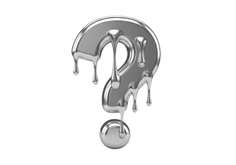 A metallic question mark symbol with liquid mercury effect, dripping and melting, isolated on a clean Transparent background, representing inquiry and mystery