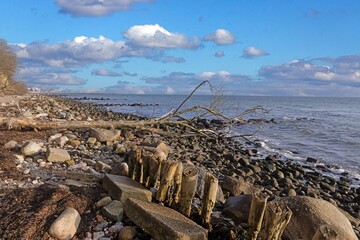 Driftwood and rocks on steep coast near Groemitz