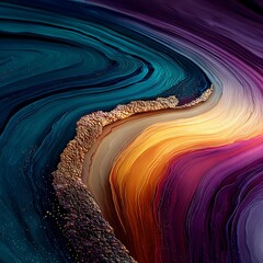 Swirling Abstract Waves of Teal, Gold, and Purple Hues flowing liquid Photo
