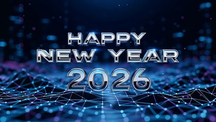 Futuristic Happy New Year 2026 with Digital Network Overlay technology