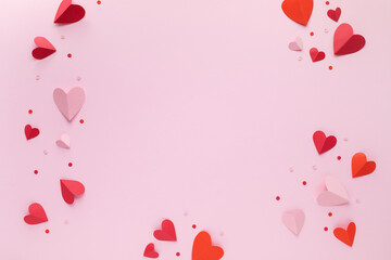 Valentine day frame background with red and pink paper hearts top view. Festive mockup or template for dating design, promotion and romantic invitation.